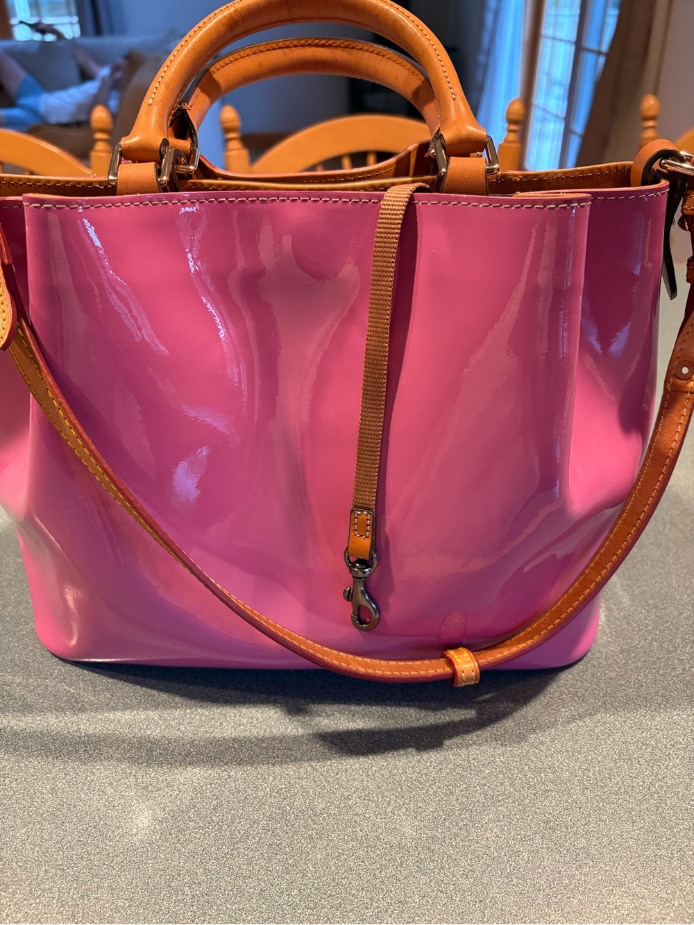 Dooney & Bourke Hot Pink Patent Satchel with Tan Trim - Picture 3 of 13